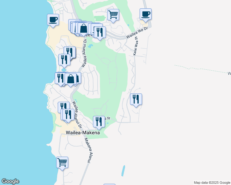 map of restaurants, bars, coffee shops, grocery stores, and more near 3981 Wailea Ekolu Place in Kihei