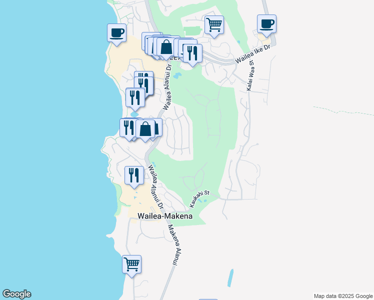 map of restaurants, bars, coffee shops, grocery stores, and more near 52 Hoolei Circle in Kihei