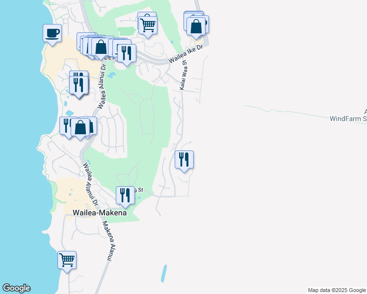 map of restaurants, bars, coffee shops, grocery stores, and more near 18 Halapa Place in Kihei