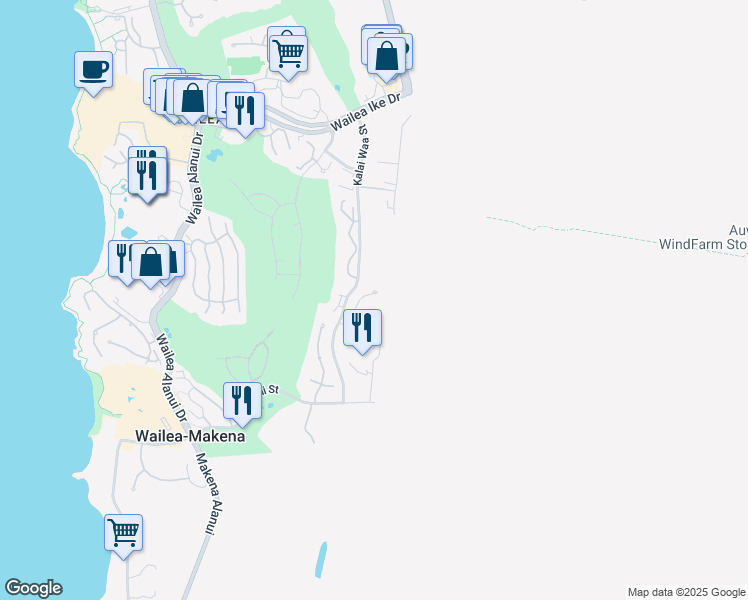 map of restaurants, bars, coffee shops, grocery stores, and more near 18 Halapa Place in Kihei