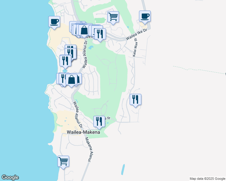 map of restaurants, bars, coffee shops, grocery stores, and more near 3980 Wailea Ekolu Place in Kihei