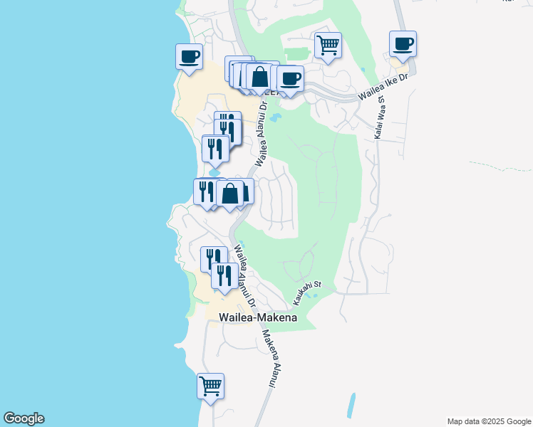 map of restaurants, bars, coffee shops, grocery stores, and more near 21 Kiloa Street in Kihei