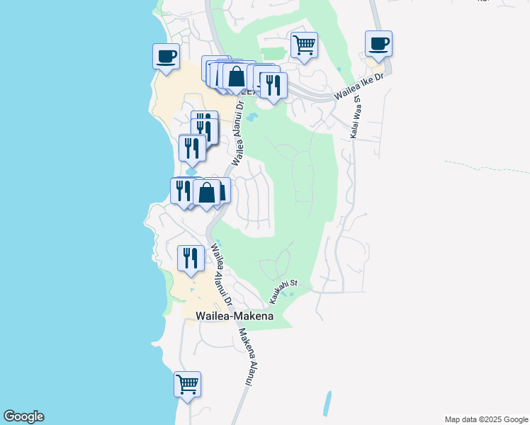map of restaurants, bars, coffee shops, grocery stores, and more near 63 Hoolei Circle in Kihei
