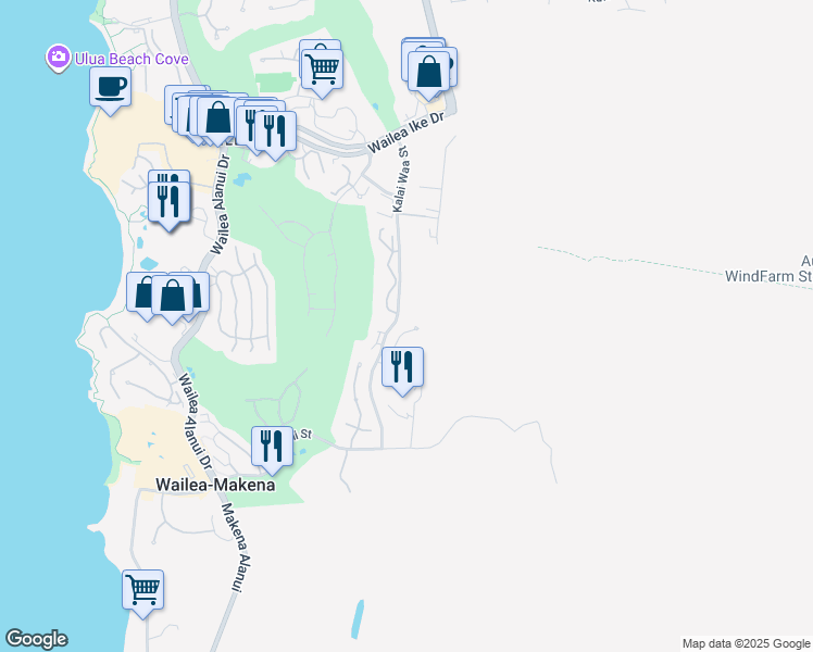 map of restaurants, bars, coffee shops, grocery stores, and more near 19 Halapa Place in Kihei