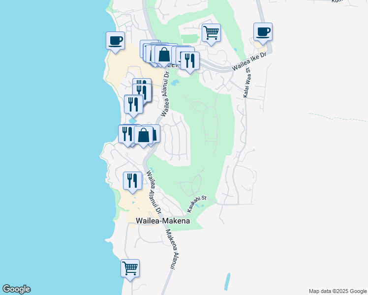 map of restaurants, bars, coffee shops, grocery stores, and more near 63 Hoolei Circle in Kihei
