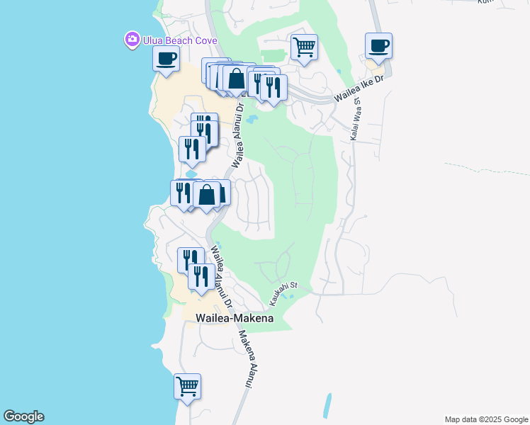 map of restaurants, bars, coffee shops, grocery stores, and more near 63 Hoolei Circle in Kihei
