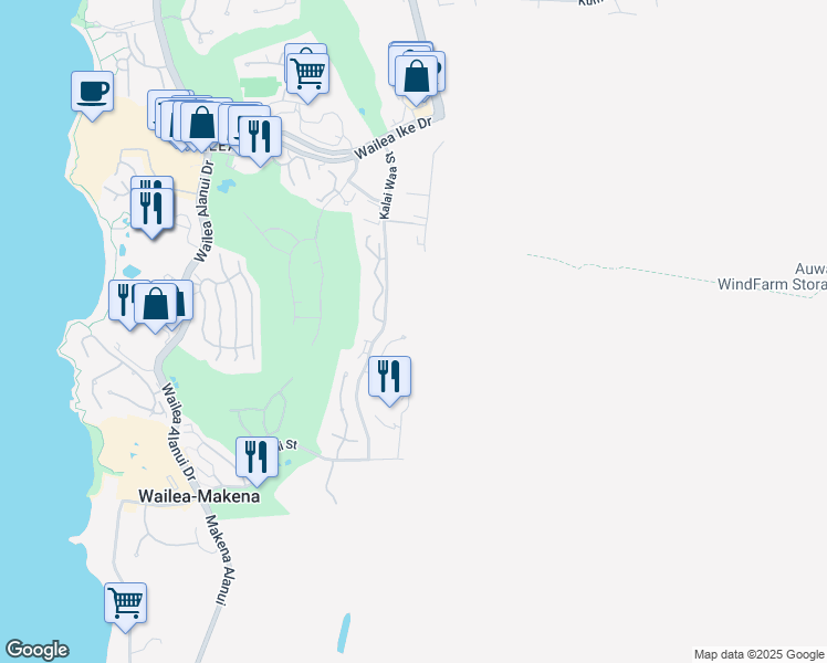 map of restaurants, bars, coffee shops, grocery stores, and more near 15 Halapa Place in Kihei