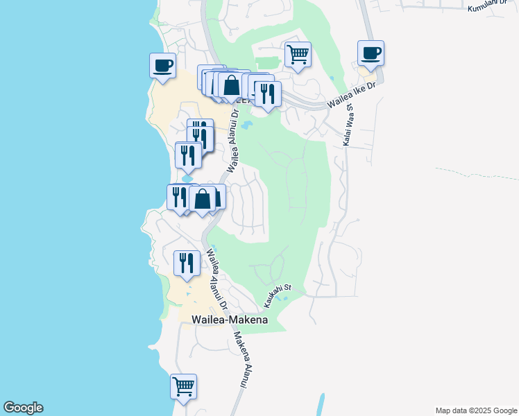map of restaurants, bars, coffee shops, grocery stores, and more near 75 Hoolei Circle in Kihei