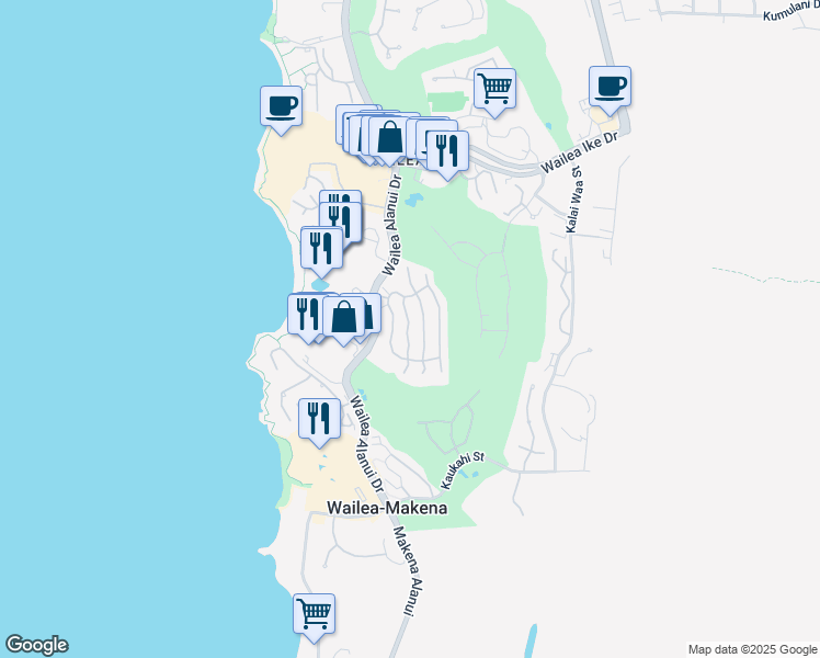 map of restaurants, bars, coffee shops, grocery stores, and more near 23 Makakehau Street in Kihei