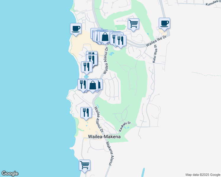 map of restaurants, bars, coffee shops, grocery stores, and more near 12 Hoolei Circle in Kihei