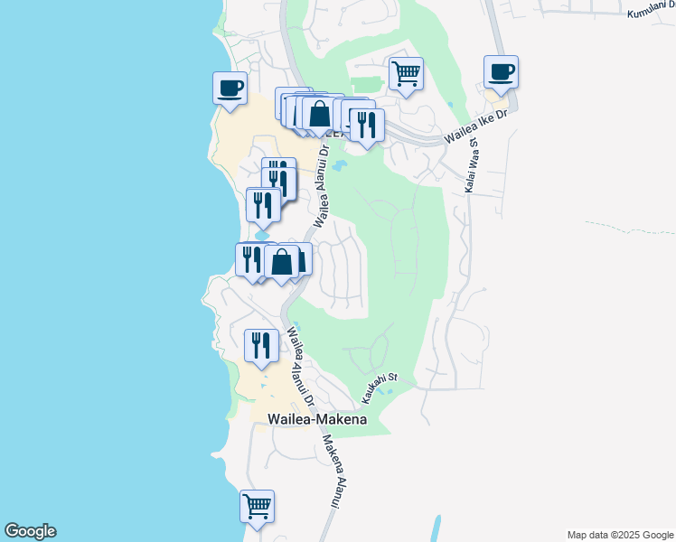map of restaurants, bars, coffee shops, grocery stores, and more near 39 Makakehau Street in Kihei