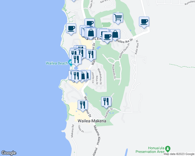 map of restaurants, bars, coffee shops, grocery stores, and more near 12 Hoolei Circle in Kihei