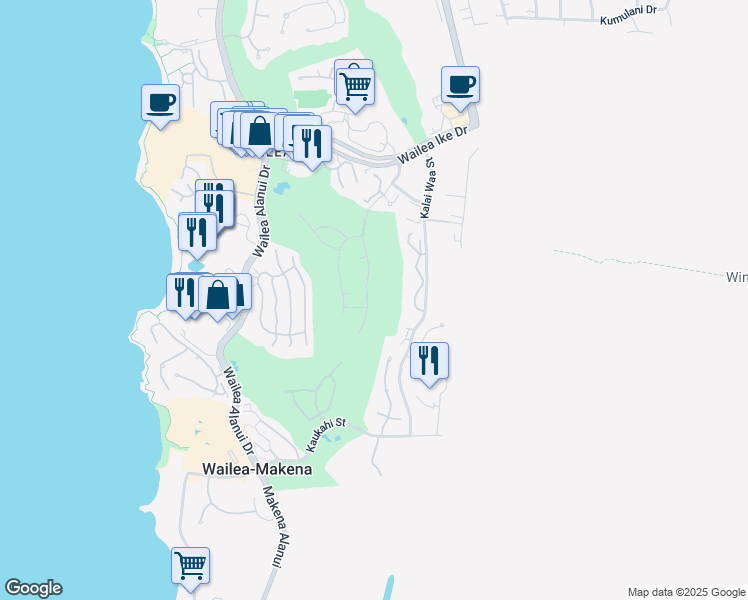 map of restaurants, bars, coffee shops, grocery stores, and more near 3933 Wailea Ekolu Place in Kihei