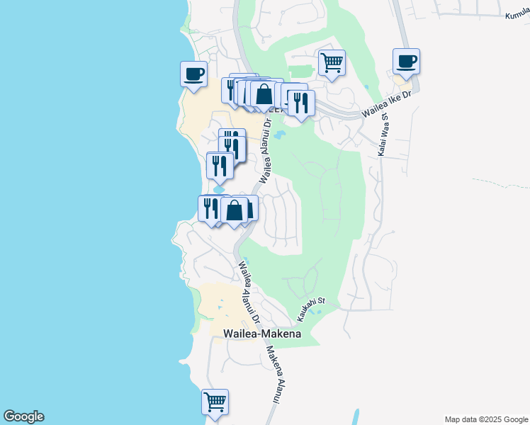 map of restaurants, bars, coffee shops, grocery stores, and more near 12 Hoolei Circle in Kihei