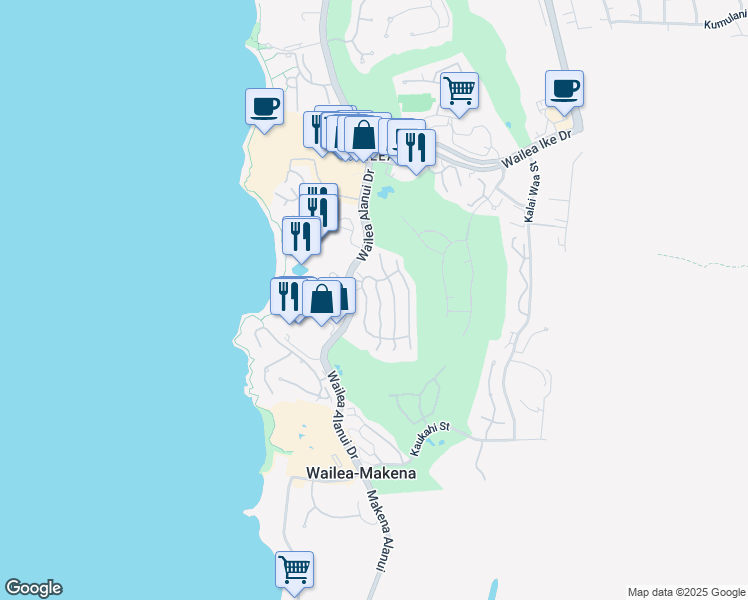 map of restaurants, bars, coffee shops, grocery stores, and more near 43 Kiloa Street in Kihei