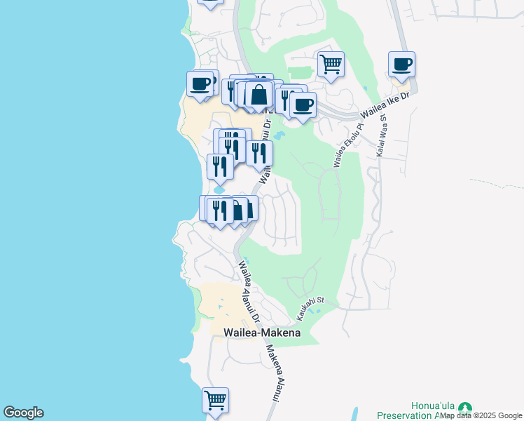 map of restaurants, bars, coffee shops, grocery stores, and more near 12 Hoolei Circle in Kihei