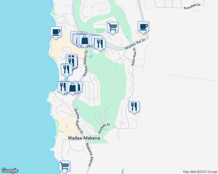 map of restaurants, bars, coffee shops, grocery stores, and more near 3919 Waakaula Place in Kihei