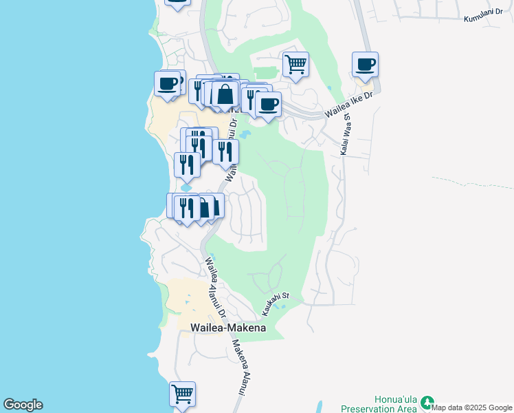 map of restaurants, bars, coffee shops, grocery stores, and more near 87 Hoolei Circle in Kihei