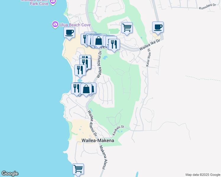 map of restaurants, bars, coffee shops, grocery stores, and more near 87 Hoolei Circle in Kihei