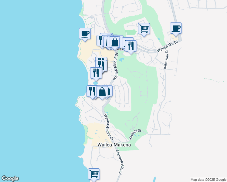 map of restaurants, bars, coffee shops, grocery stores, and more near 12 Hoolei Circle in Kihei