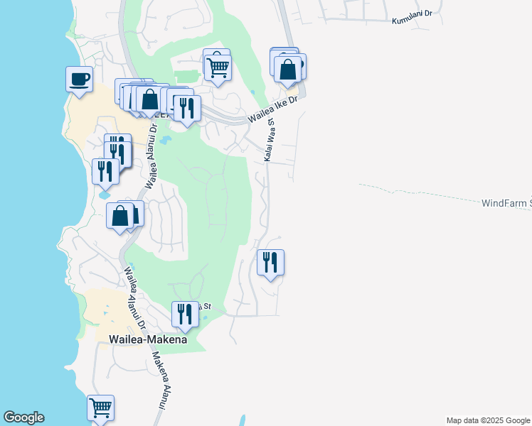 map of restaurants, bars, coffee shops, grocery stores, and more near 185 Holokahiki Lane in Wailea-Makena