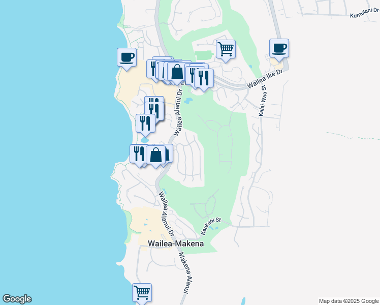 map of restaurants, bars, coffee shops, grocery stores, and more near 39 Makakehau Street in Kihei
