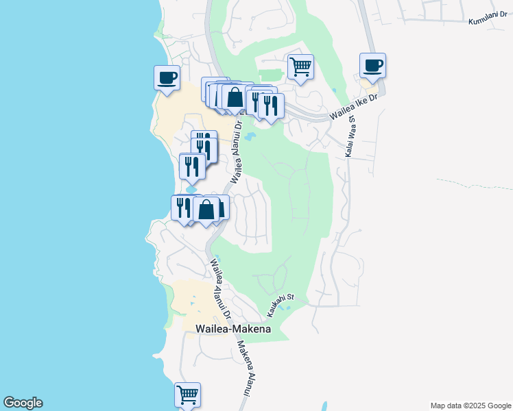 map of restaurants, bars, coffee shops, grocery stores, and more near 69 Makakehau Street in Kihei