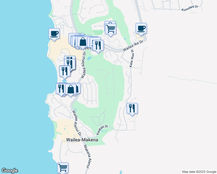 map of restaurants, bars, coffee shops, grocery stores, and more near 3929 Waakaula Place in Kihei