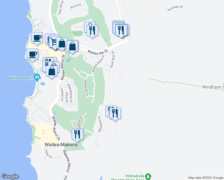 map of restaurants, bars, coffee shops, grocery stores, and more near Kalai Waa Street in Kihei