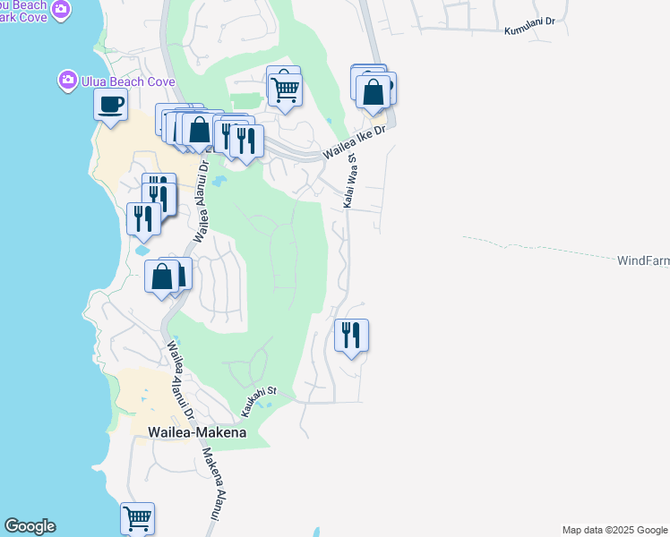 map of restaurants, bars, coffee shops, grocery stores, and more near 3950 Kalai Waa Street in Kihei