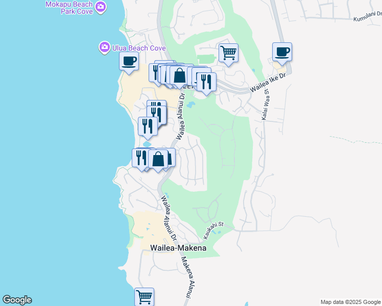 map of restaurants, bars, coffee shops, grocery stores, and more near 69 Makakehau Street in Kihei