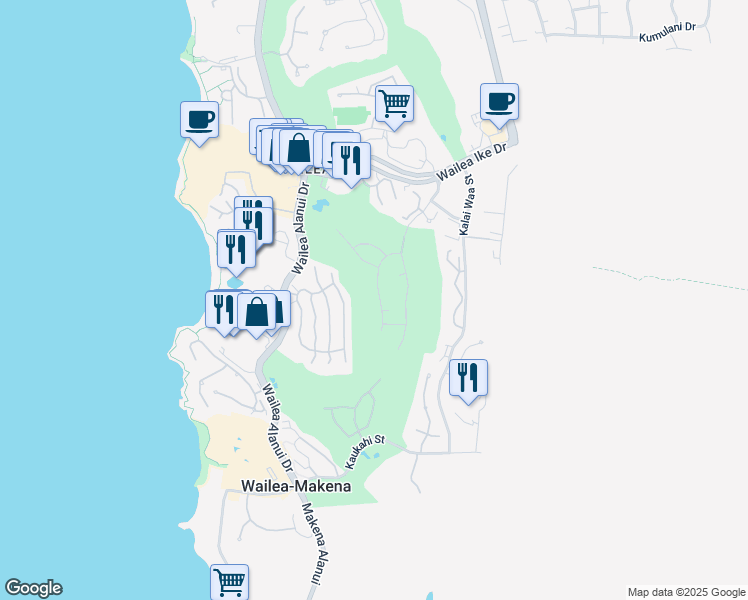 map of restaurants, bars, coffee shops, grocery stores, and more near 3922 Waakaula Place in Kihei