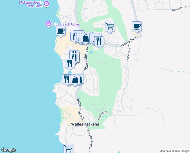map of restaurants, bars, coffee shops, grocery stores, and more near 99 Hoolei Circle in Kihei