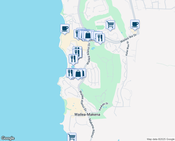 map of restaurants, bars, coffee shops, grocery stores, and more near 24 Hoolei Circle in Kihei