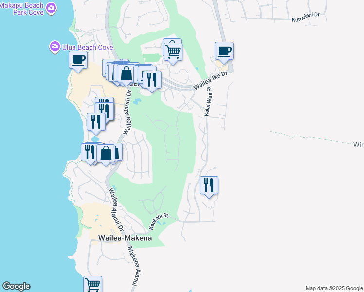 map of restaurants, bars, coffee shops, grocery stores, and more near 3913 Wailea Ekolu Place in Kihei
