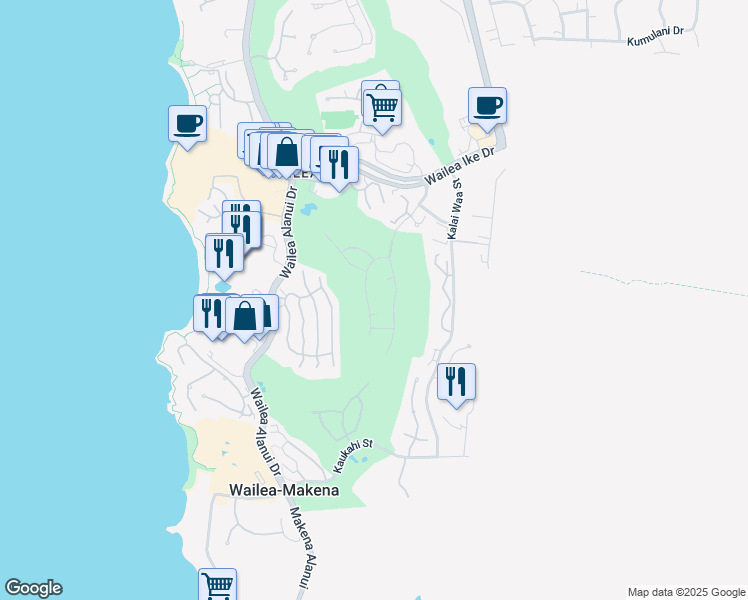 map of restaurants, bars, coffee shops, grocery stores, and more near 3919 Waakaula Place in Kihei