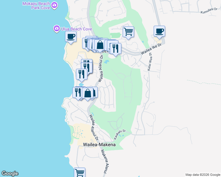 map of restaurants, bars, coffee shops, grocery stores, and more near 99 Hoolei Circle in Kihei