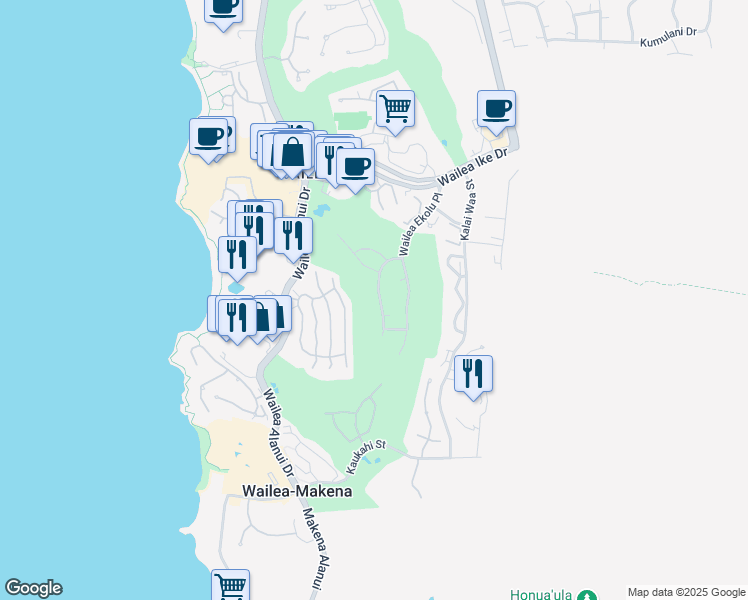 map of restaurants, bars, coffee shops, grocery stores, and more near 3922 Waakaula Place in Kihei
