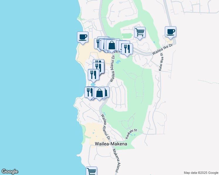 map of restaurants, bars, coffee shops, grocery stores, and more near 24 Hoolei Circle in Kihei