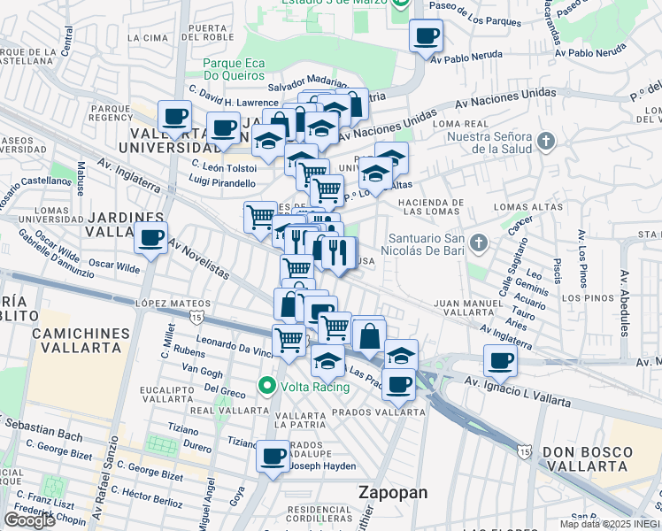 map of restaurants, bars, coffee shops, grocery stores, and more near 4800 Avenida Inglaterra in Zapopan