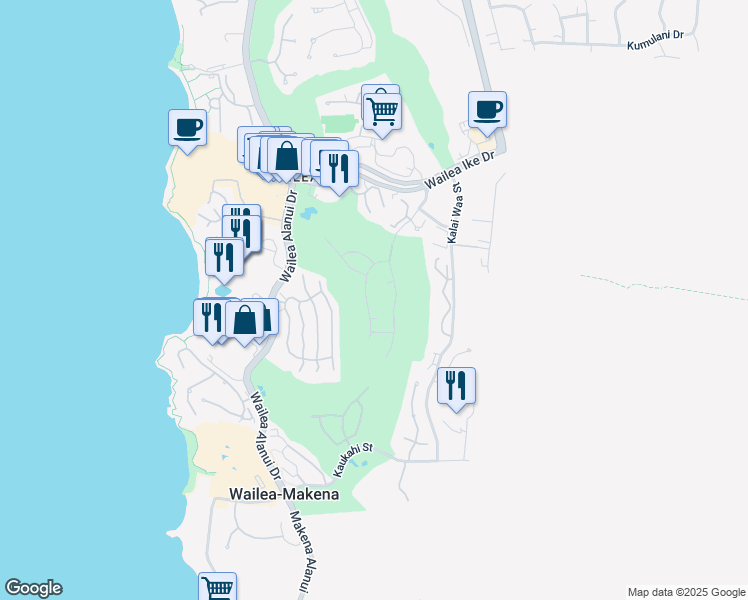 map of restaurants, bars, coffee shops, grocery stores, and more near 3907 Waakaula Place in Kihei