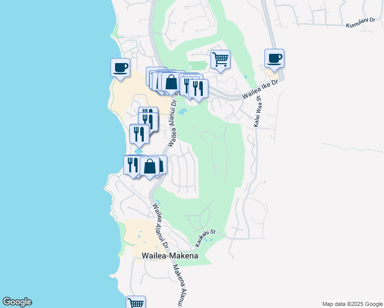 map of restaurants, bars, coffee shops, grocery stores, and more near 57 Makakehau Street in Kihei