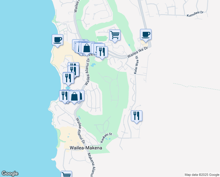 map of restaurants, bars, coffee shops, grocery stores, and more near 3901 Waakaula Place in Kihei