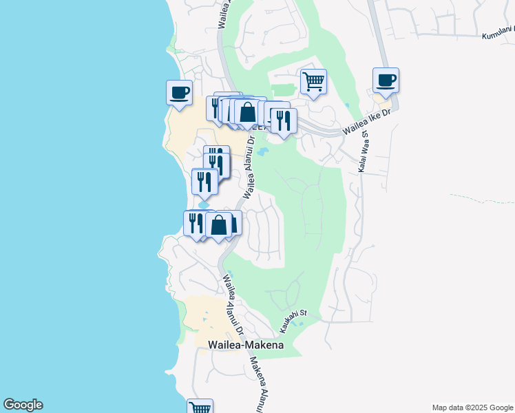 map of restaurants, bars, coffee shops, grocery stores, and more near 81 Makakehau Street in Kihei