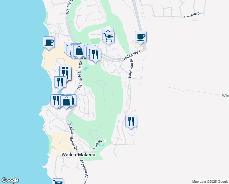 map of restaurants, bars, coffee shops, grocery stores, and more near 3885 Wailea Ekolu Place in Kihei