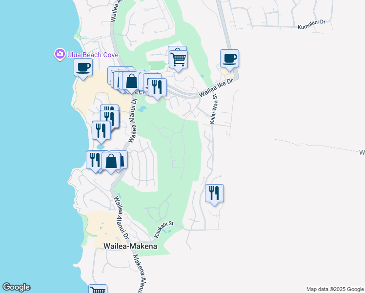 map of restaurants, bars, coffee shops, grocery stores, and more near 3886 Wailea Ekolu Place in Kihei