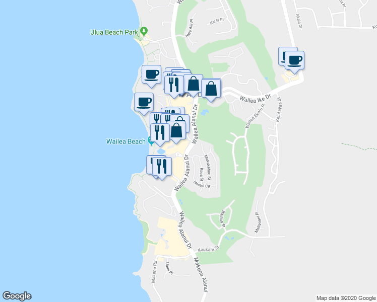 map of restaurants, bars, coffee shops, grocery stores, and more near 5 Wailea Alanui Drive in Kihei