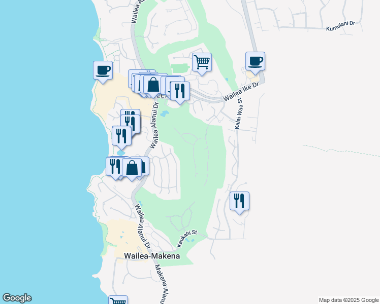map of restaurants, bars, coffee shops, grocery stores, and more near 3904 Waakaula Place in Kihei