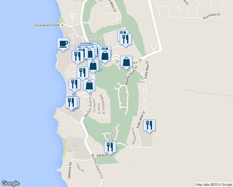 map of restaurants, bars, coffee shops, grocery stores, and more near 3898 Waakaula Street in Kihei
