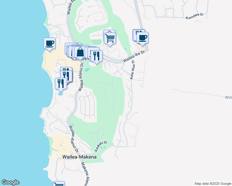 map of restaurants, bars, coffee shops, grocery stores, and more near 3885 Wailea Ekolu Place in Kihei